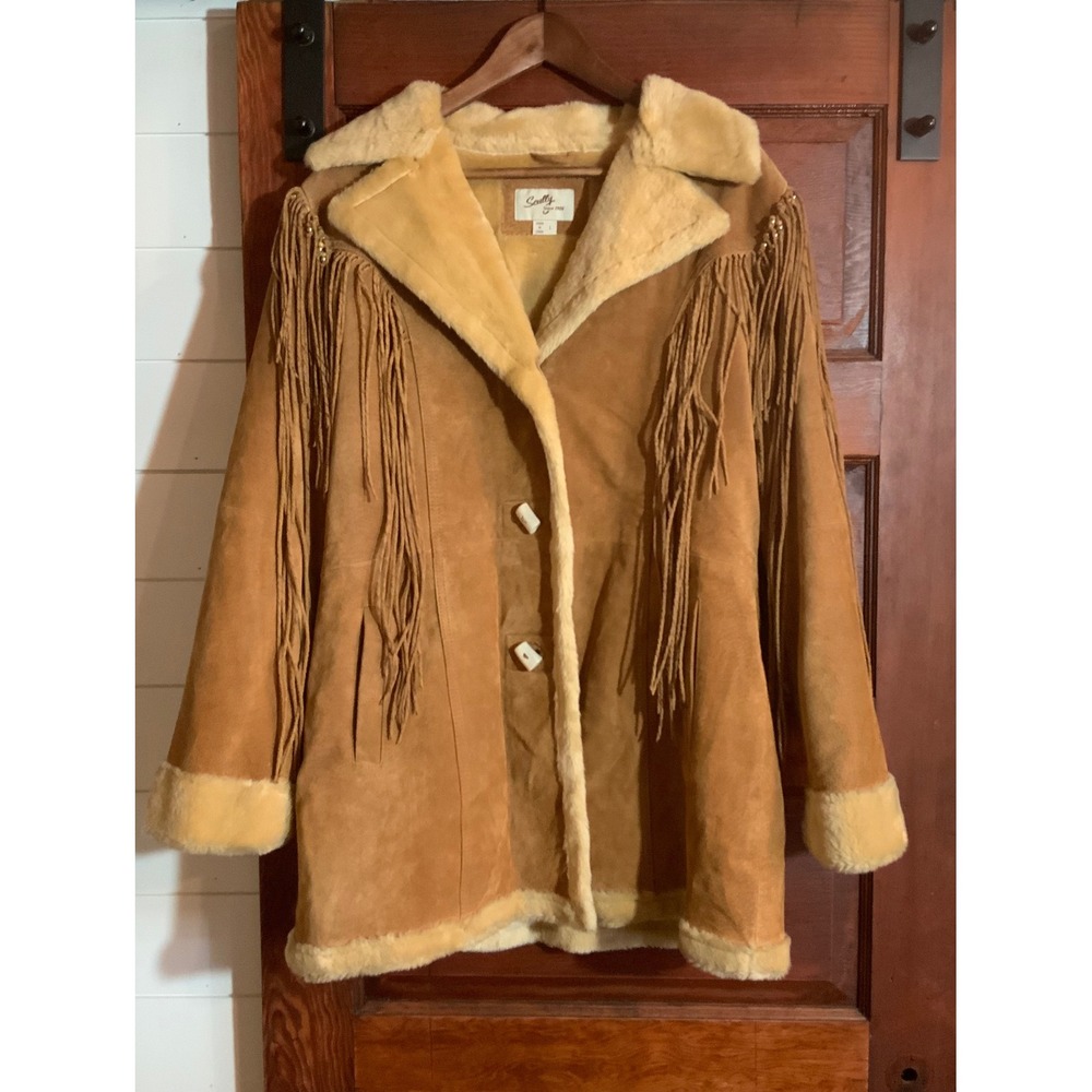 Scully Womens Western Suede Beaded  Fringe Coat Faux Fur Lined Tan Size L EUC